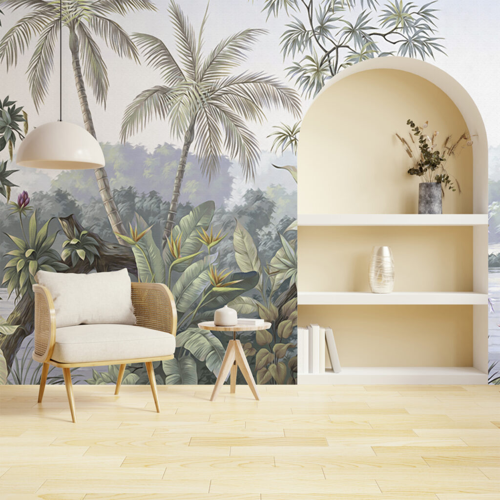 A mural of a forest with trees and water