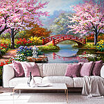 Fototapety Maľba rybníka s mostom a kvetmi