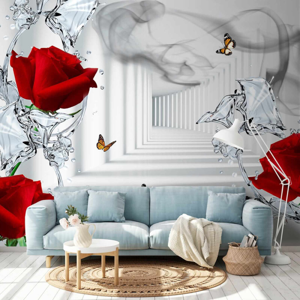 Red roses and butterflies in a glass