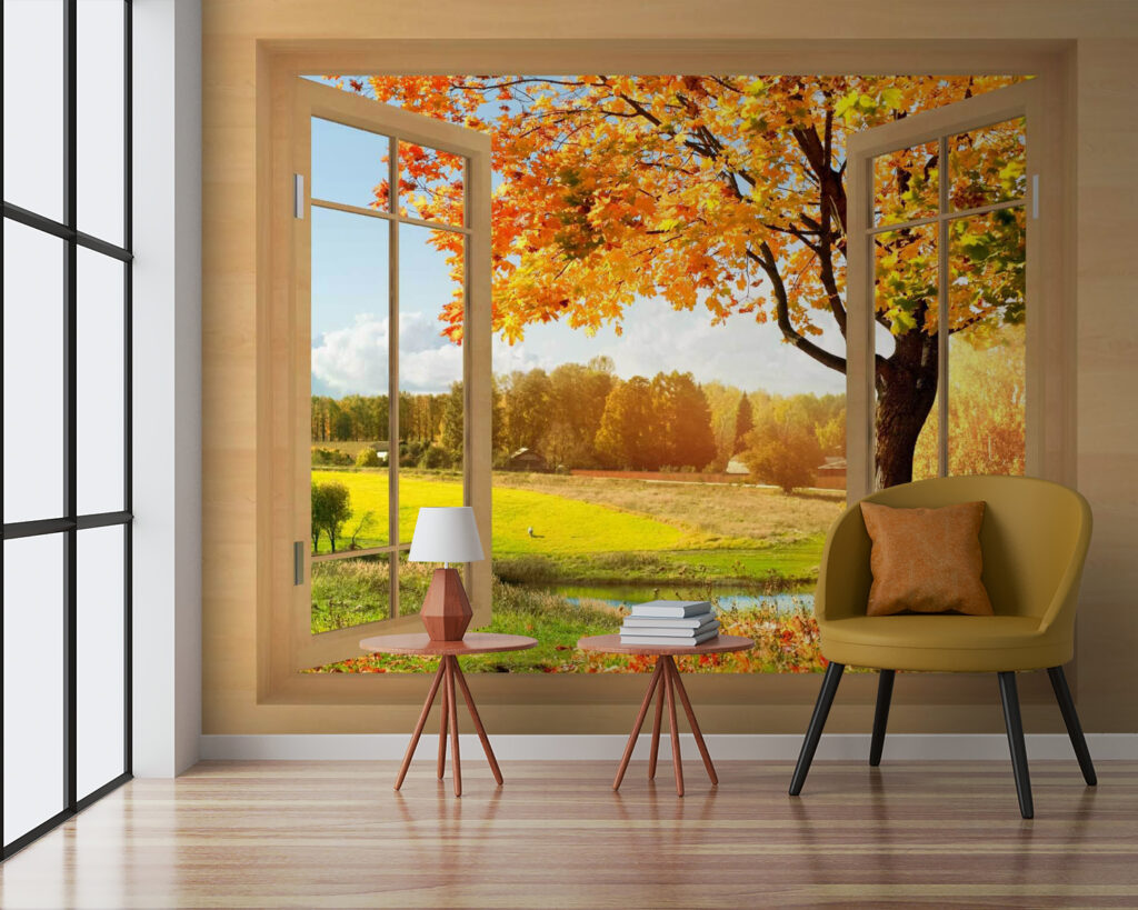 Window with trees and a river Window with trees and a river