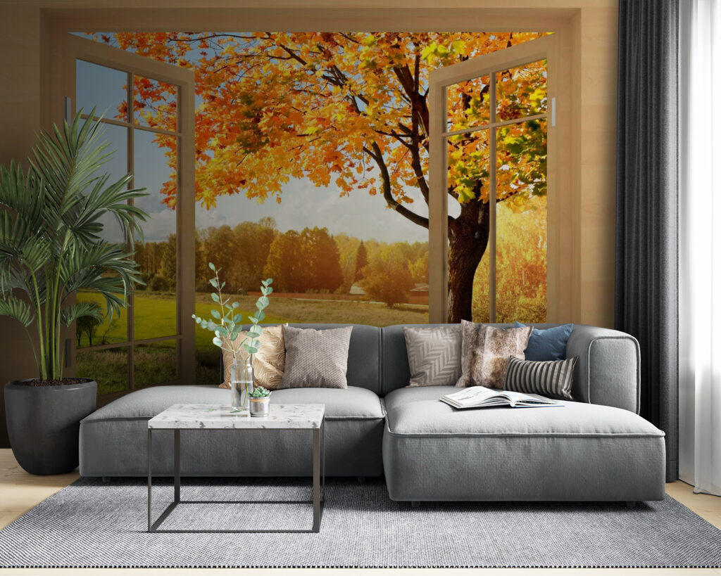 Window with trees and a river Window with trees and a river