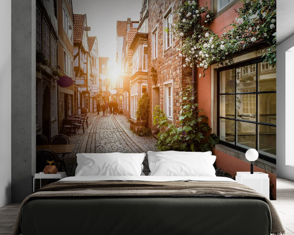 Street with buildings and tables and chairs