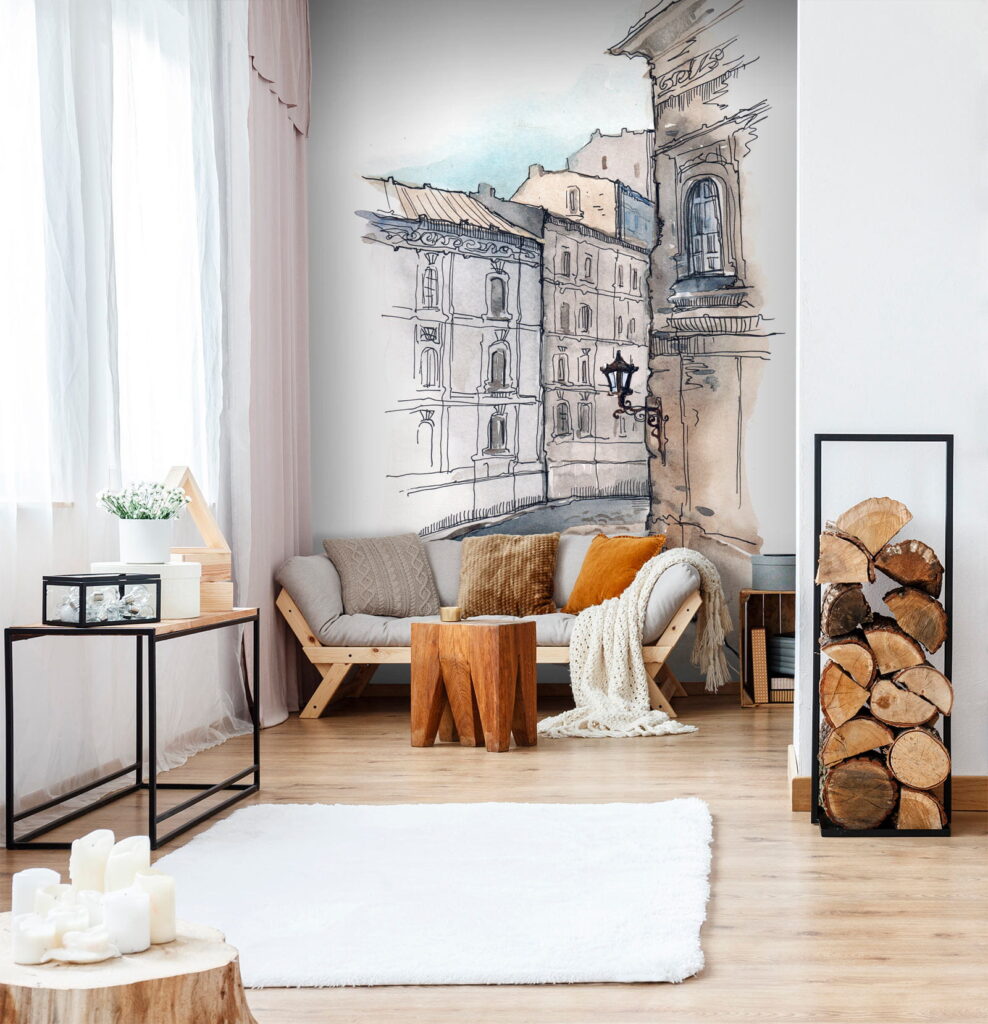 Drawing of a street with buildings Drawing of a street with buildings