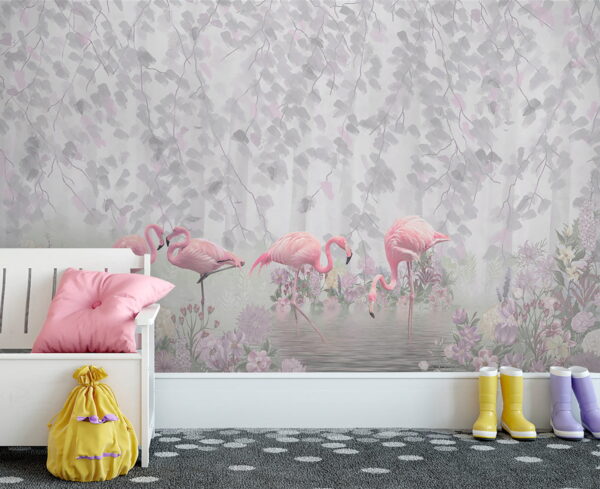 Fototapety Fototapety Skupina ružových plameniakov v rybníku s kvetmi (Katalógové číslo: u60027)