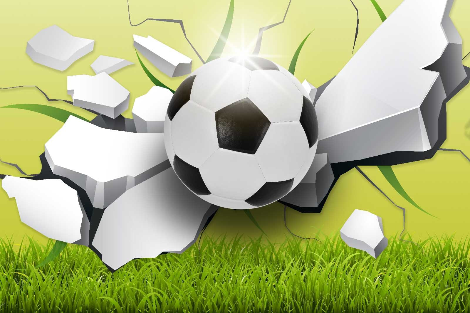 Football ball breaking through a wall