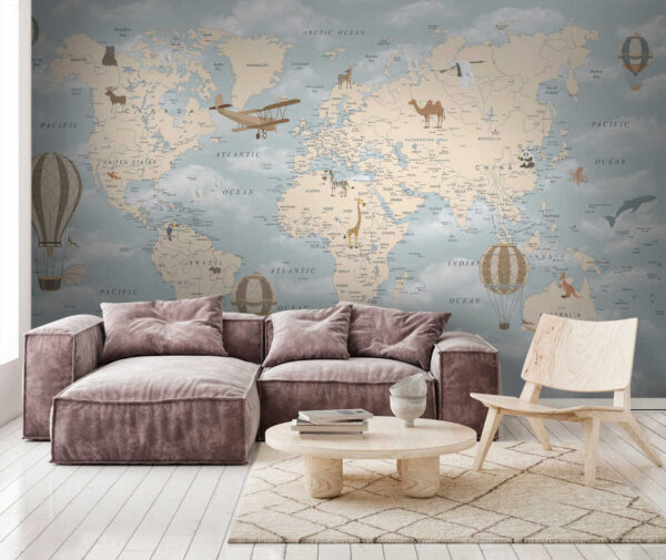 Mapa sveta s rôznymi zvieratami a vtákmi Mapa sveta s rôznymi zvieratami a vtákmi