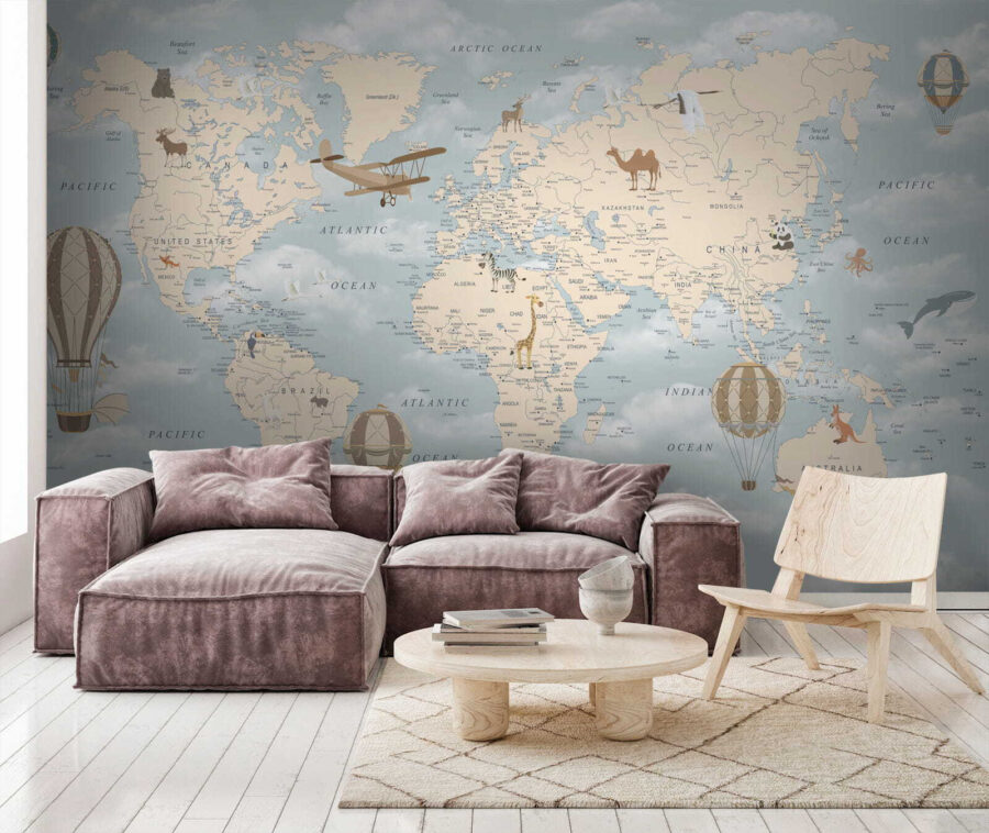 Mapa sveta s rôznymi zvieratami a vtákmi Mapa sveta s rôznymi zvieratami a vtákmi