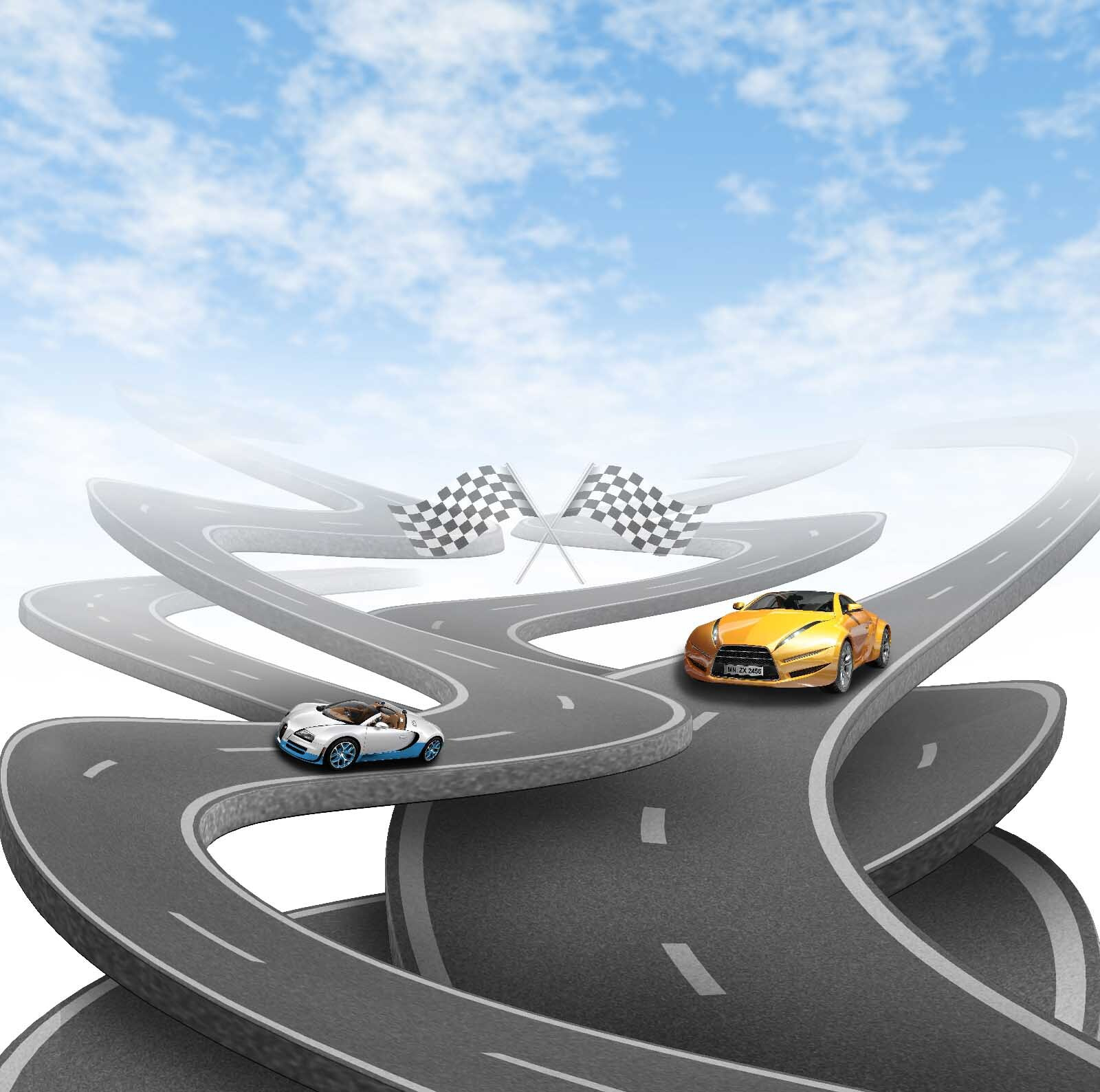 Two cars on a winding road