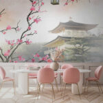 Fototapety Strom s ružovými kvetmi a budovou v pozadí