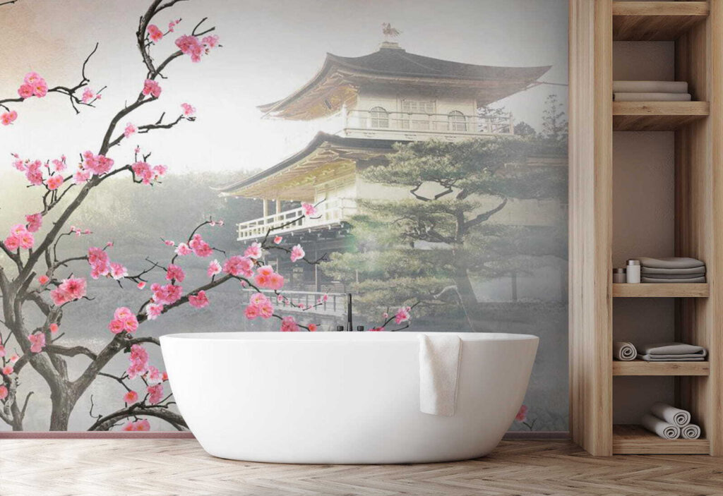 Tree with pink flowers and a building in the background