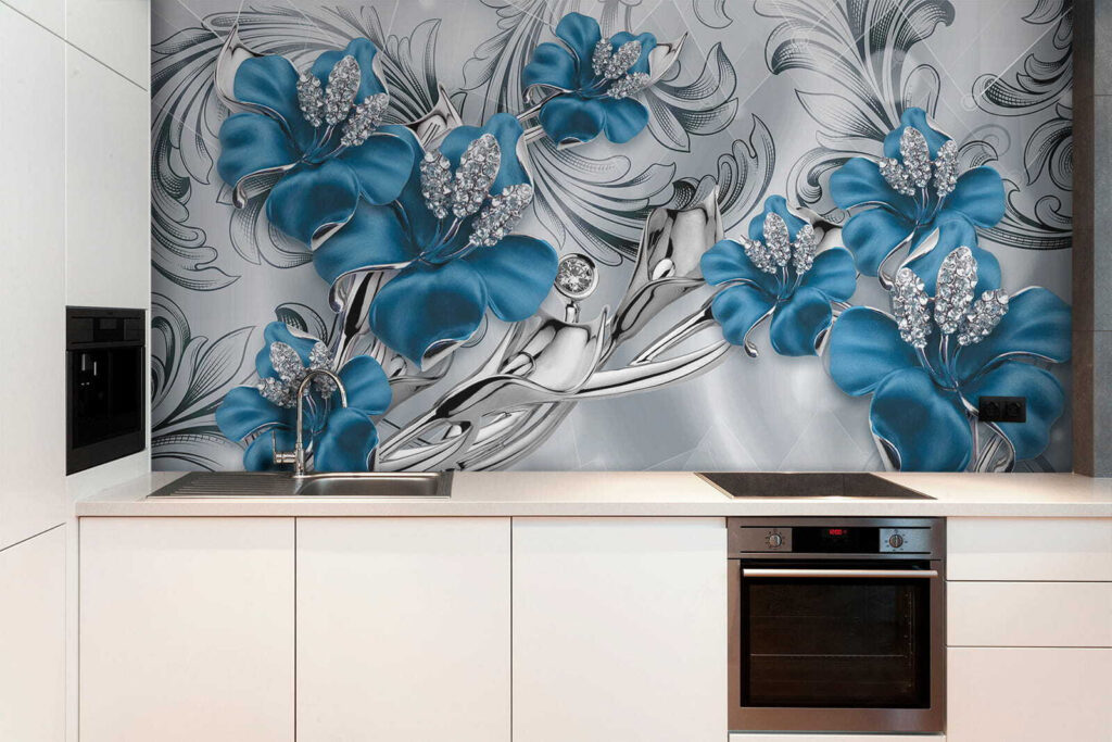 Silver and blue flowers on a silver and black background