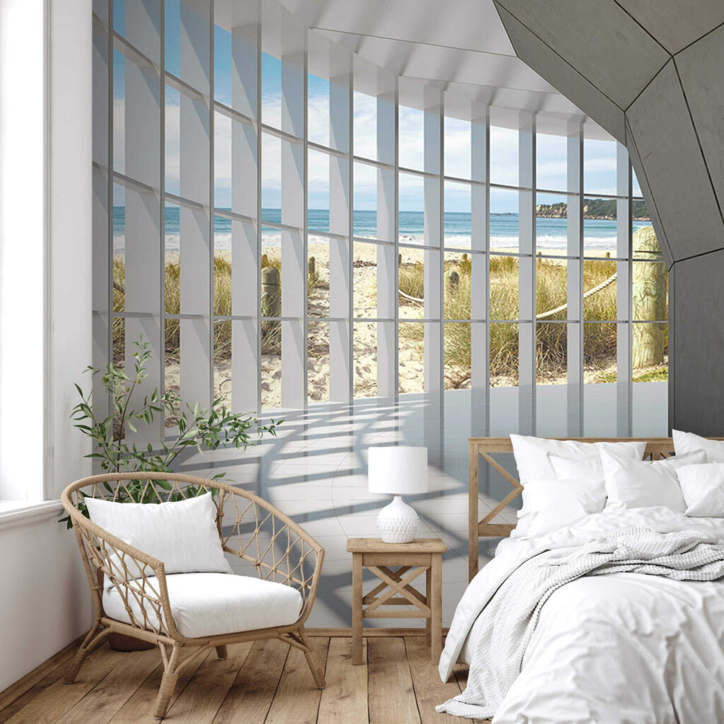 Large room with windows and a beach view Large room with windows and a beach view