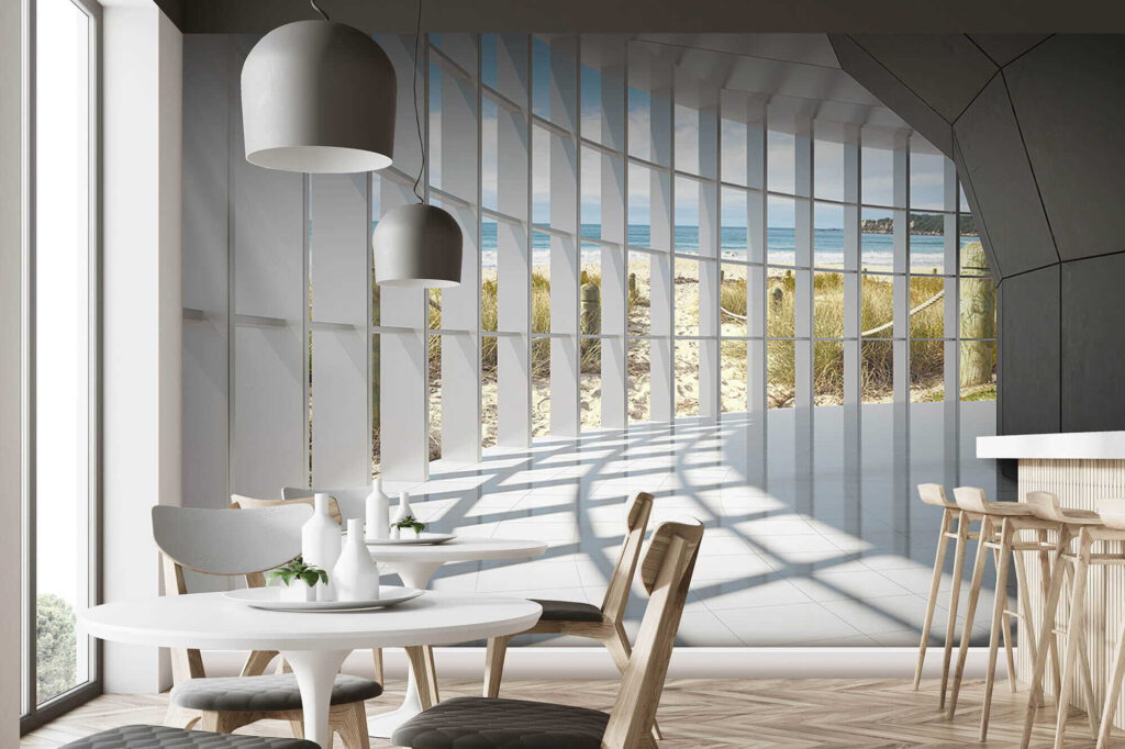 Large room with windows and a beach view Large room with windows and a beach view