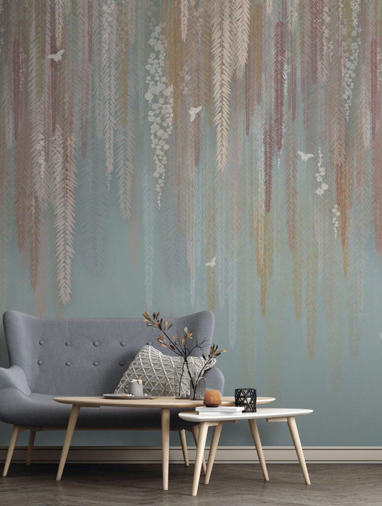 Wallpaper with a pattern of leaves and birds