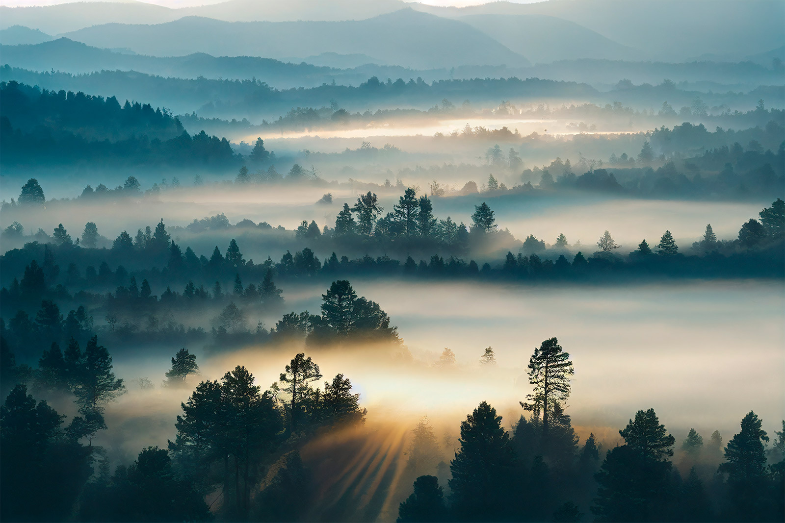 Foggy landscape with trees and mountains