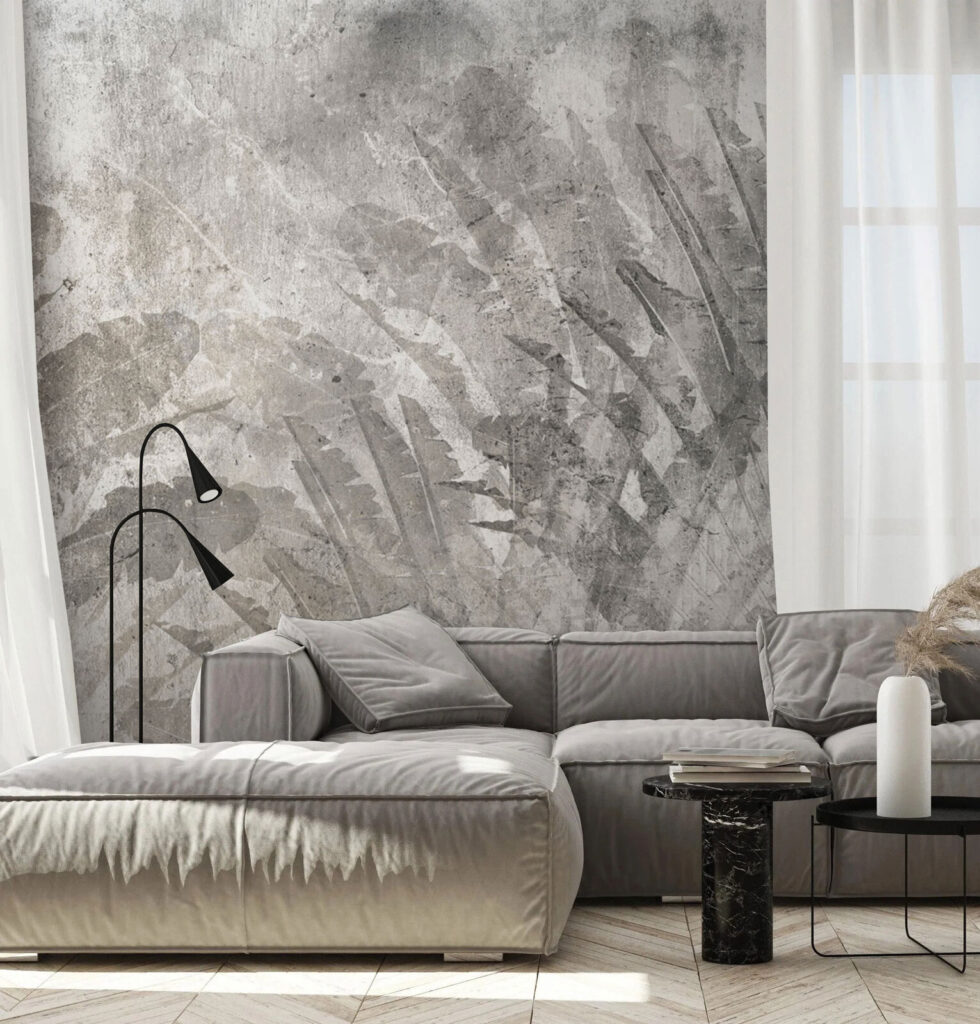 Grey and white background with leaves