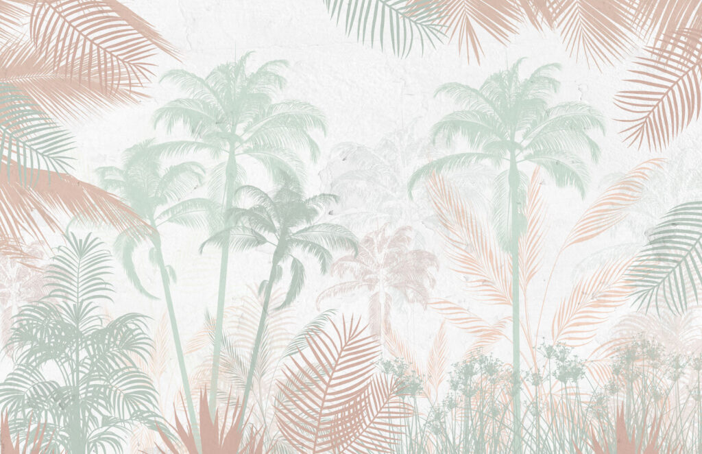 Palm trees and plants on a white background