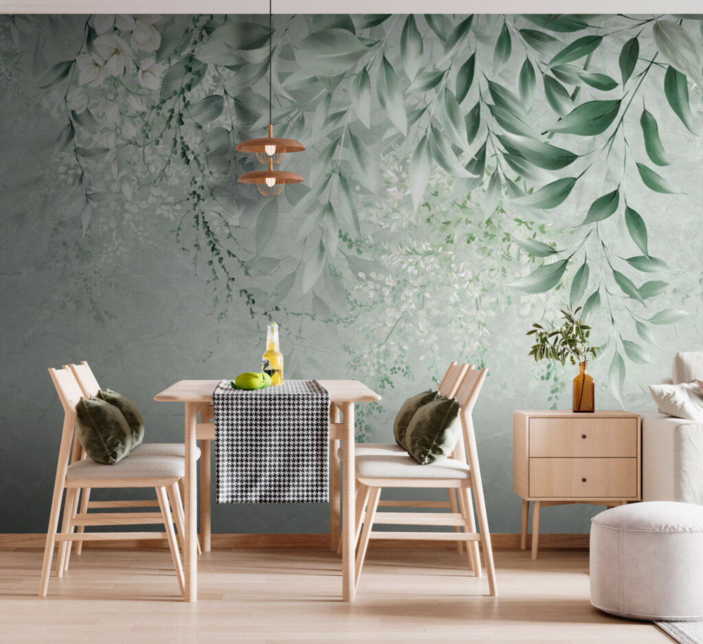 White flowers and green leaves on a white background