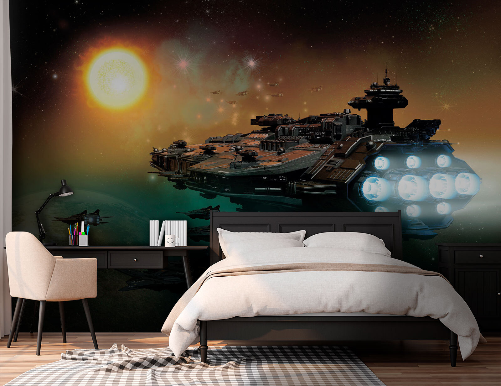 Space ship in space with a group of spaceships in the sky Space ship in space with a group of spaceships in the sky