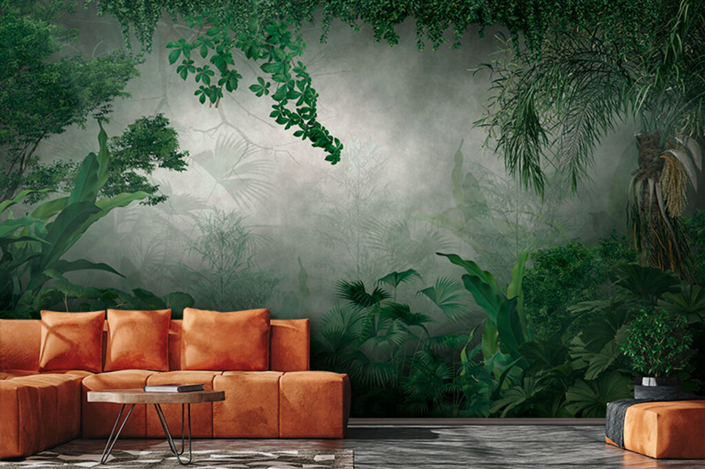 Foggy forest with plants and trees Foggy forest with plants and trees