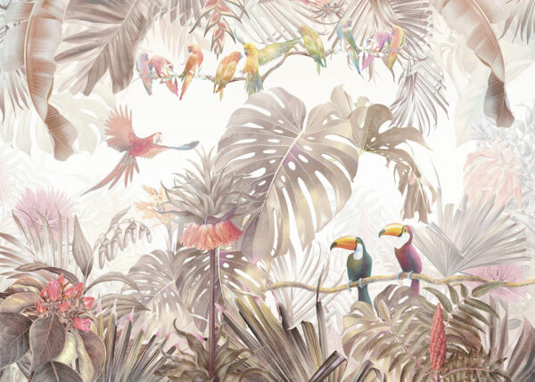 Group of birds on a branch surrounded by tropical plants Group of birds on a branch surrounded by tropical plants