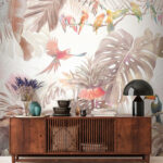 Fototapety Skupina vtákov na konári obklopená tropickými rastlinami