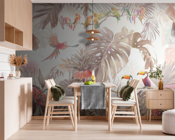 Group of birds on a branch surrounded by tropical plants Group of birds on a branch surrounded by tropical plants