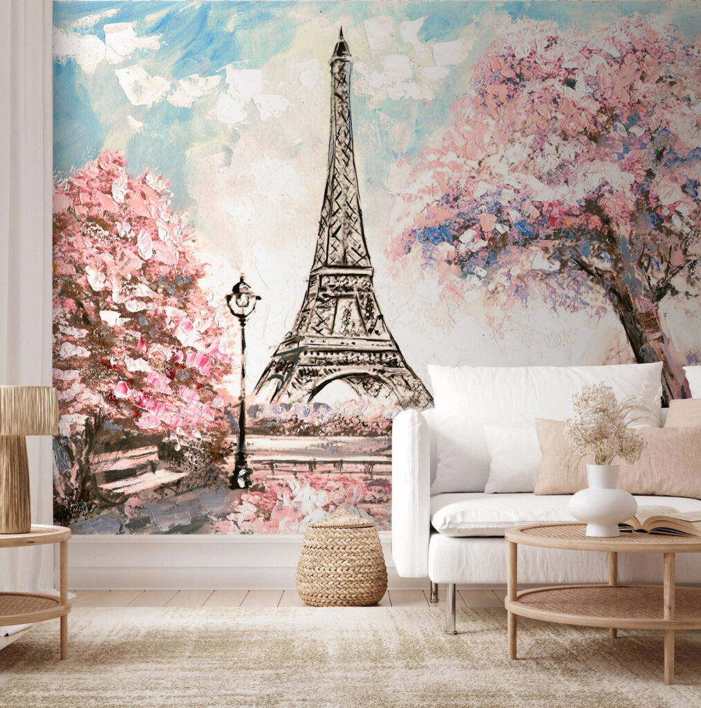 Painting of a tower with pink flowers