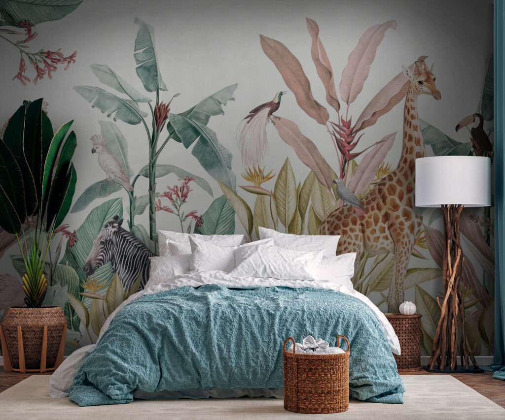 Wallpaper with zebras and birds