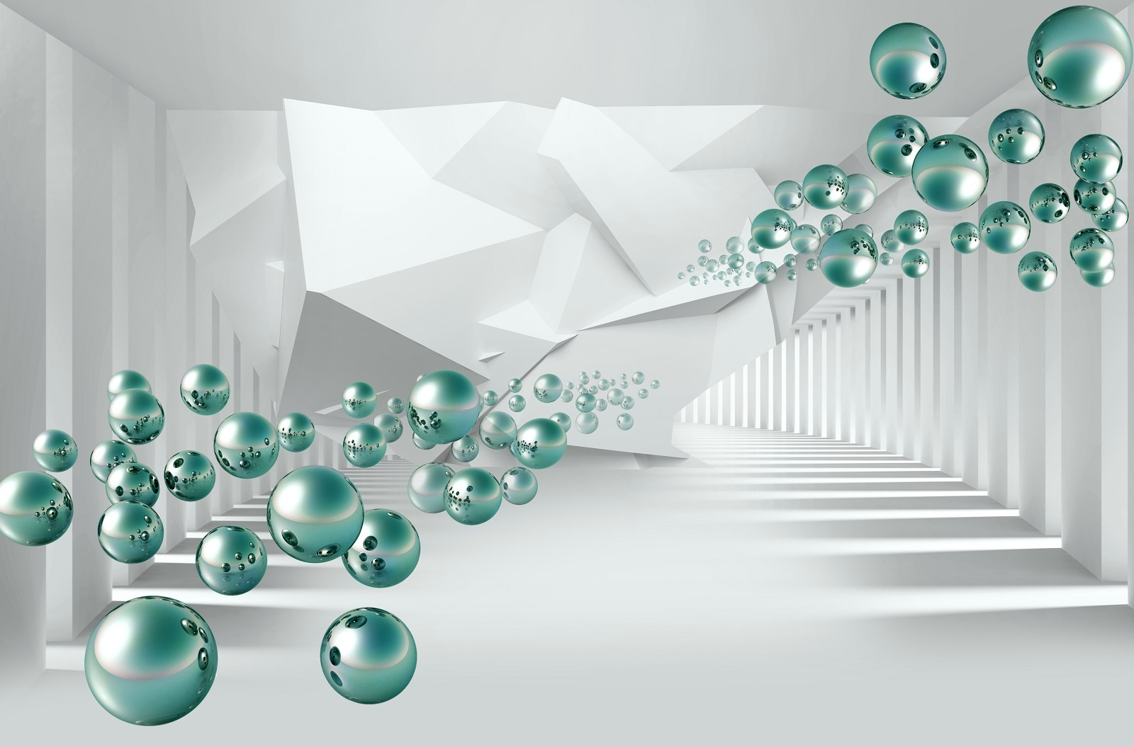 White room with white walls and white columns and green balls White room with white walls and white columns and green balls