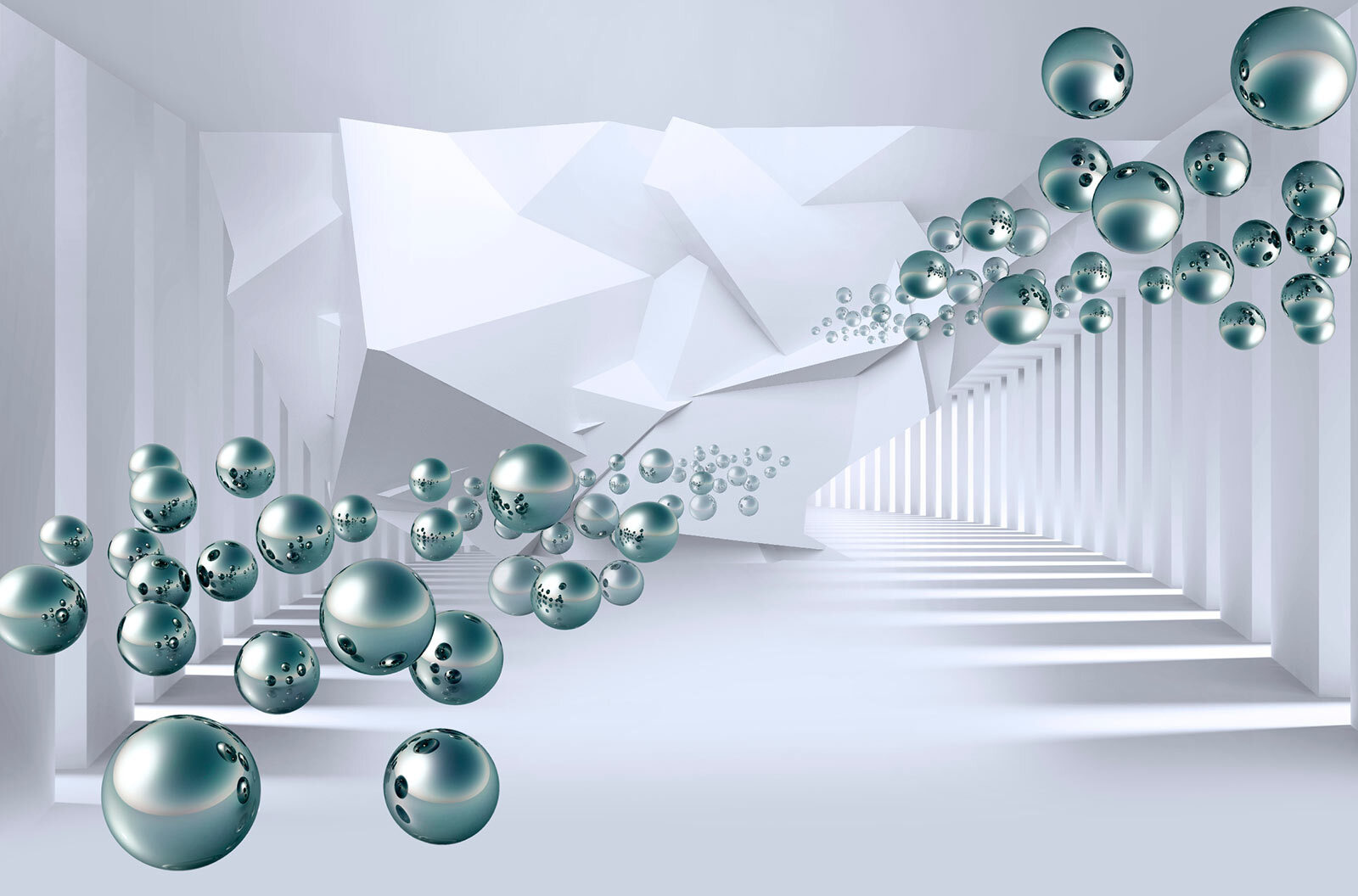 White room with white walls and white columns and silver balls White room with white walls and white columns and silver balls