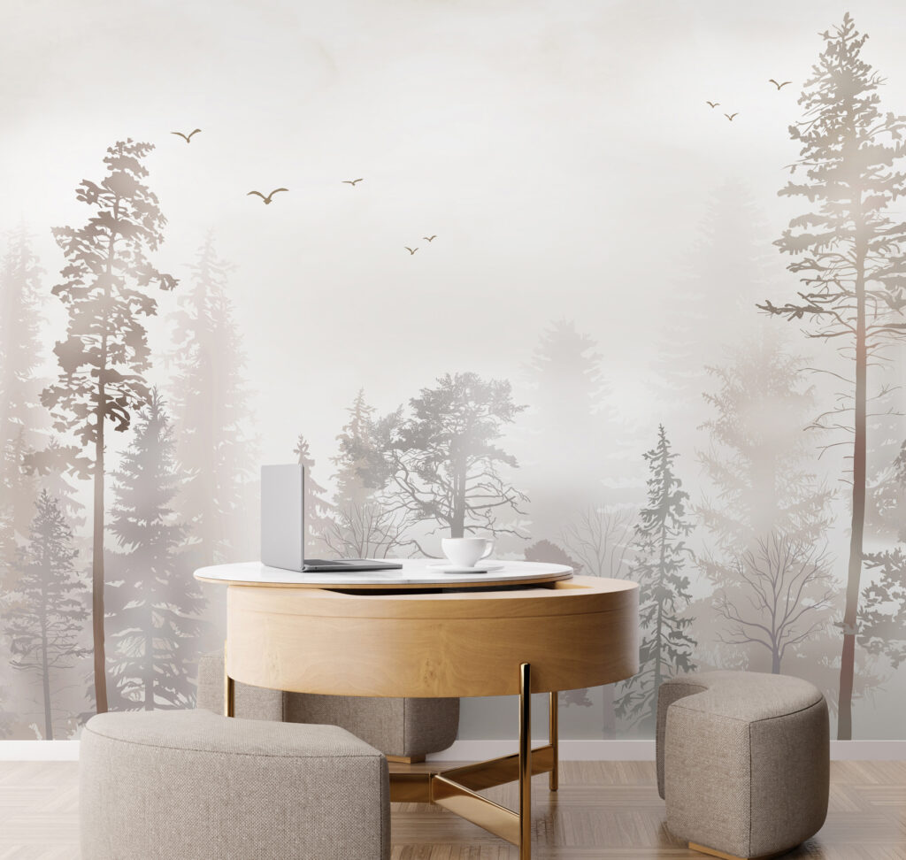 A group of trees in a foggy forest