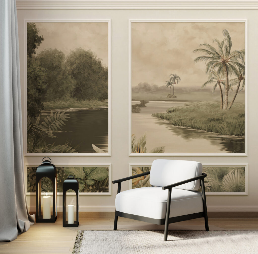 A wall with a painting of trees and a river