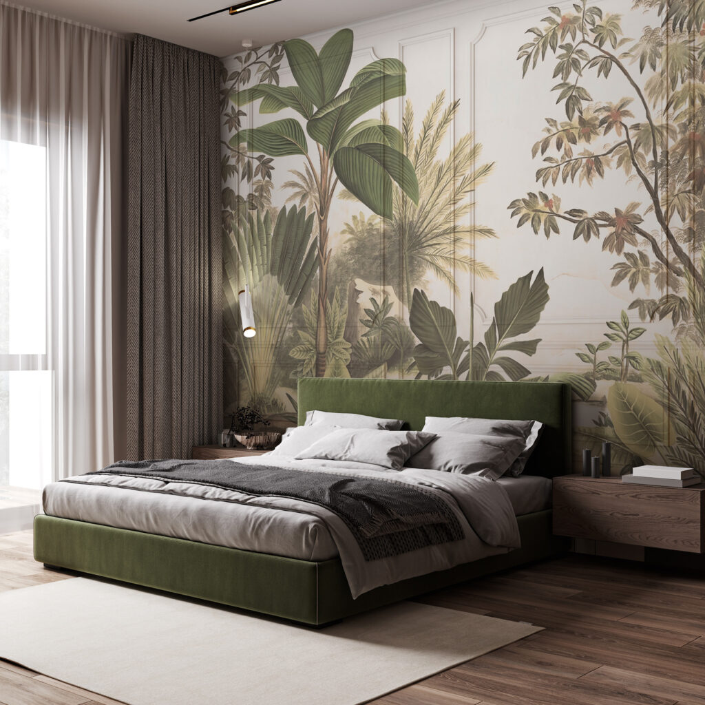 A wallpaper with a painting of trees and plants A wallpaper with a painting of trees and plants