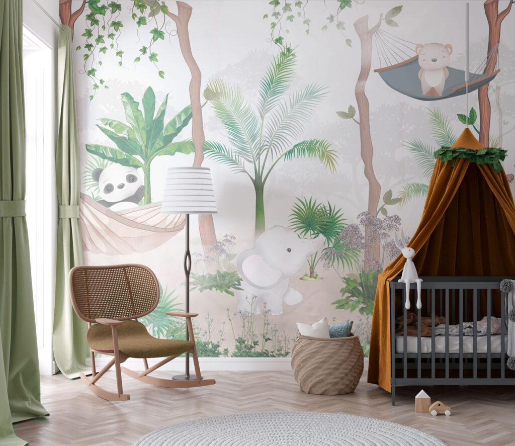 A wallpaper with animals in hammocks in the forest A wallpaper with animals in hammocks in the forest