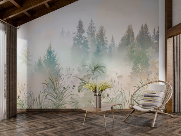 A foggy forest with plants and trees A foggy forest with plants and trees