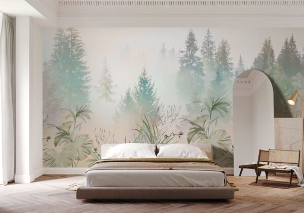 A foggy forest with plants and trees A foggy forest with plants and trees