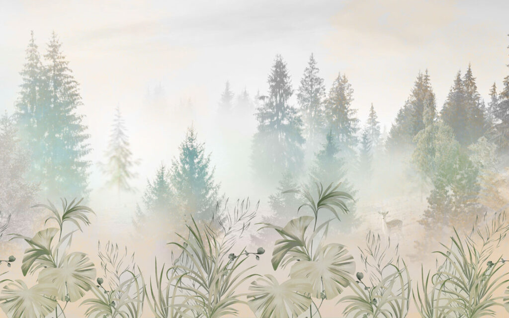 A foggy forest with plants and trees A foggy forest with plants and trees