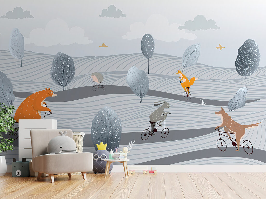 A group of animals riding bicycles in a field