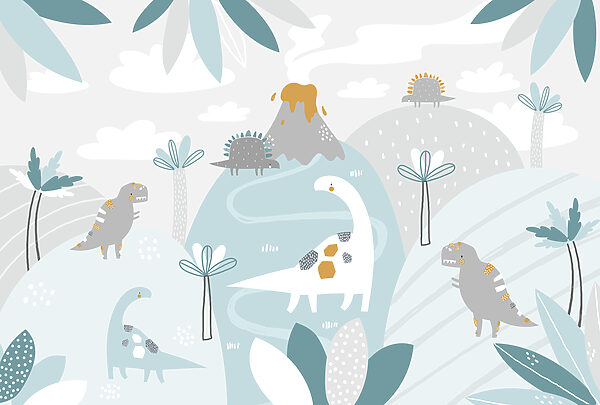 Kreslený dinosaurus so sopkou a rastlinami Kreslený dinosaurus so sopkou a rastlinami