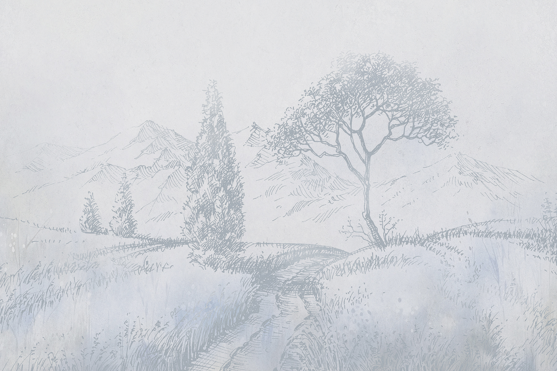 A drawing of a river with trees and mountains A drawing of a river with trees and mountains