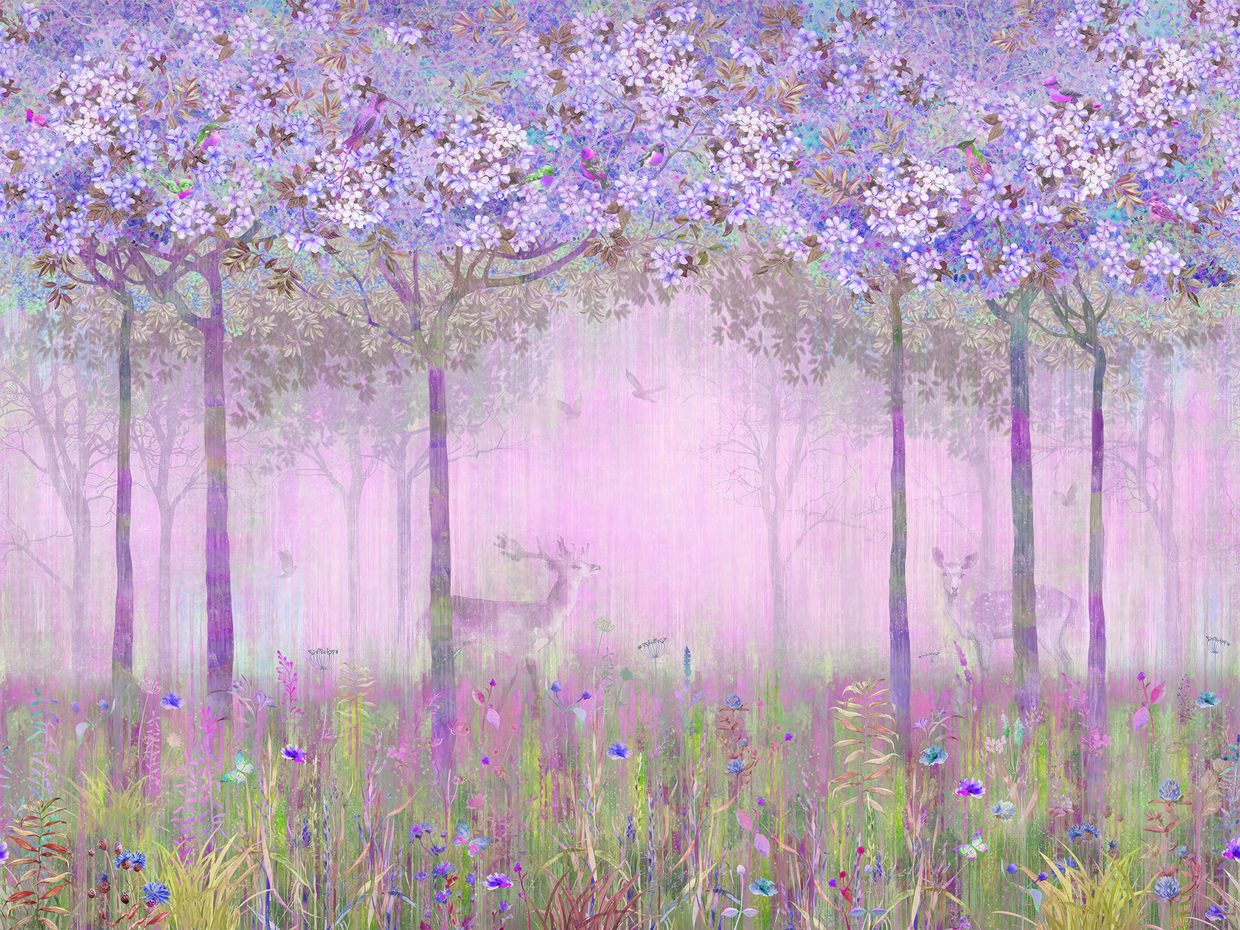 A painting of a forest with flowers A painting of a forest with flowers