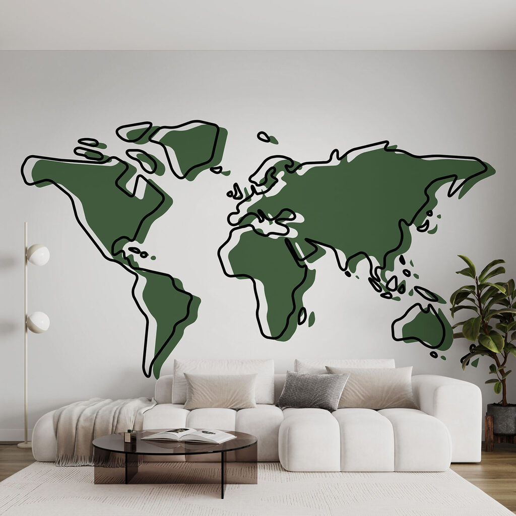 A green and black outline of a world map