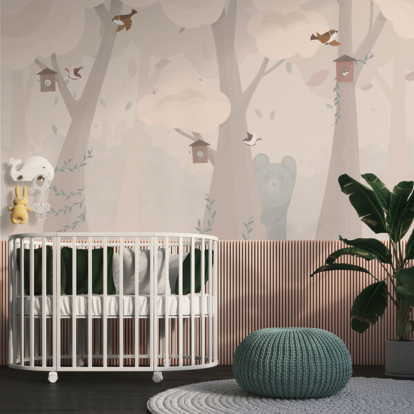 A cartoon of a bear and birds in a forest