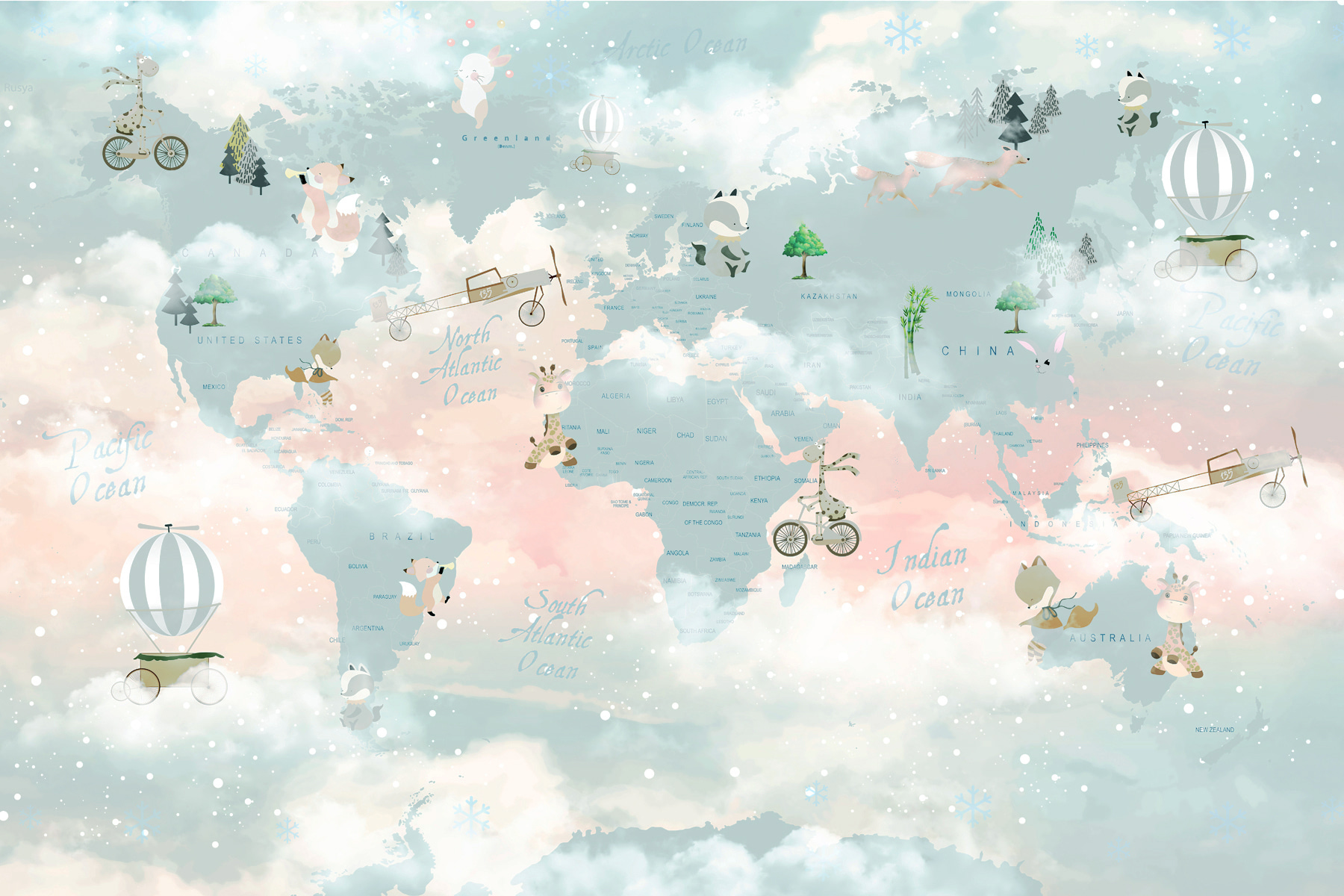 A map of the world with clouds and animals