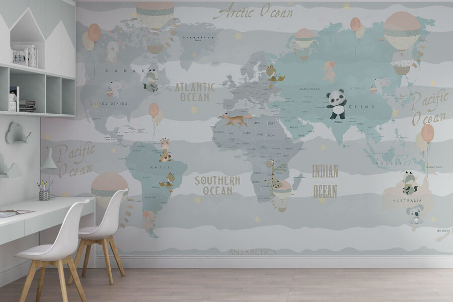 Mapa sveta so zvieratami a balónmi Mapa sveta so zvieratami a balónmi