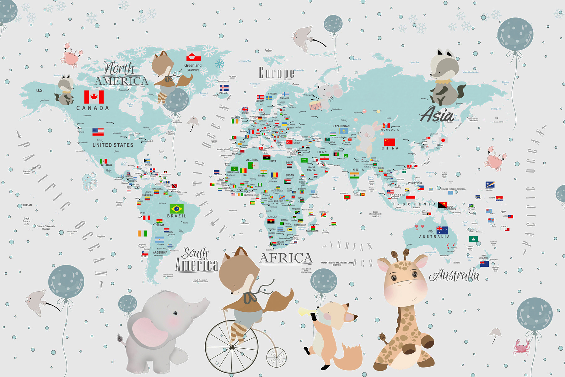 A map of the world with animals A map of the world with animals