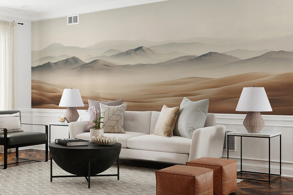 A desert landscape with hills and fog A desert landscape with hills and fog