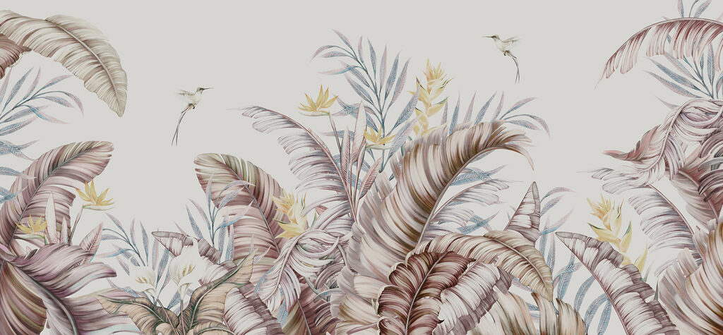 A painting of tropical plants and birds