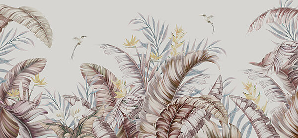 A painting of tropical plants and birds